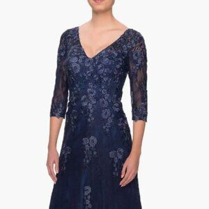 La Femme Embroidered Lace Gown with 3/4 Sleeves